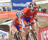 The podium selection: Vos, Van den Brand, and Wyman. © Bart Hazen 2009 European Cyclocross Championships, Hoogstraten.