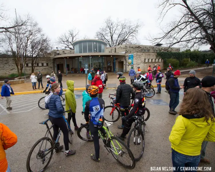 Riders waiting for official word from USAC in front of the Barton Springs poolhouse. © Brian Nelson