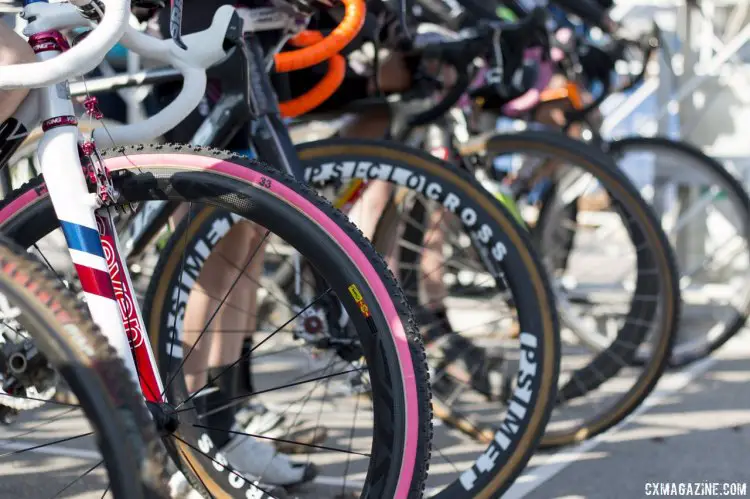 Bruno Roy's FMB Super Mud tires stand out in a crowd. 2015 Cyclocross National Championships, Singlespeed Women. © Cyclocross Magazine