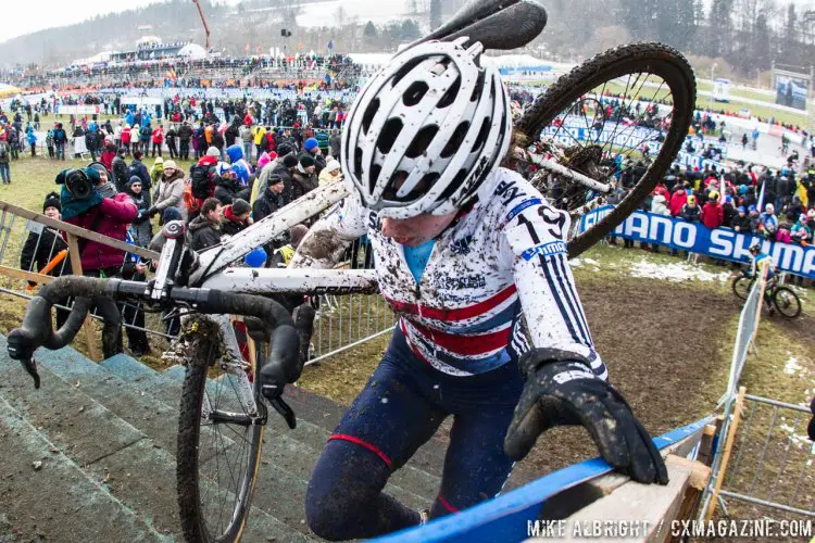 Hannah Payton climbs the stairs. Elite Women - 2015 Cyclocross World Championships © Mike Albright / Cyclocross Magazine