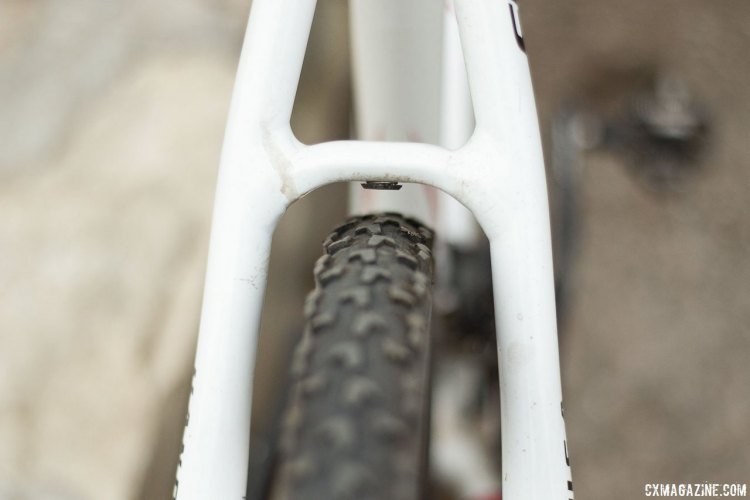 The tire clearance is a bit tighter in the rear seat stays, yet still comparable to a typical cyclocross bike. Dean Ferrandini's Masters 70-74 National Championship-winning Cannondale Flash "frankenbike." © Cyclocross Magazine