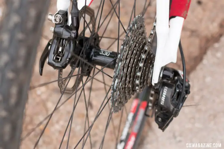 SRAM hydraulic S700 disc brakes slow down the NoTubes 3.30 hubs, which are powered by an 11-36 SRAM cassette. © Cyclocross Magazine