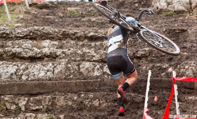 Compton carefully climbs the stairs to keep her lead on the last lap. © Cyclocross Magazine