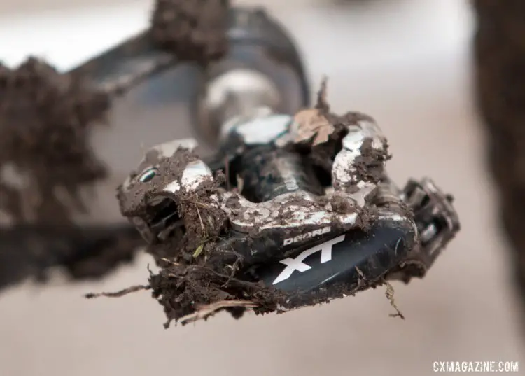 Page prefers the SPD M780 XT pedals for the better mud clearance compared to the flagship M980/M9000 XTR, though he used M540s and the the previous M970 version of the XTR in the past. © Cyclocross Magazine