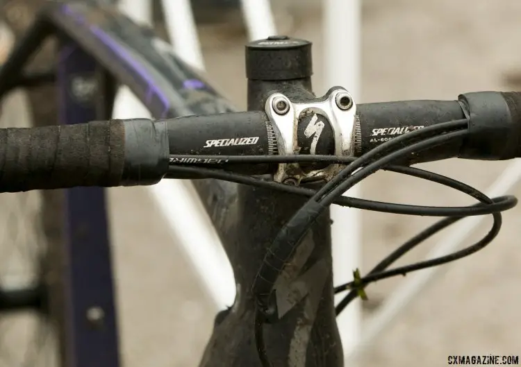Furthering the point about keeping the guts of the left shifter is the remaining cable housing for a front derailleur, kept out of the way by electrical tapping it to the front hydraulic brake line. © Cyclocross Magazine