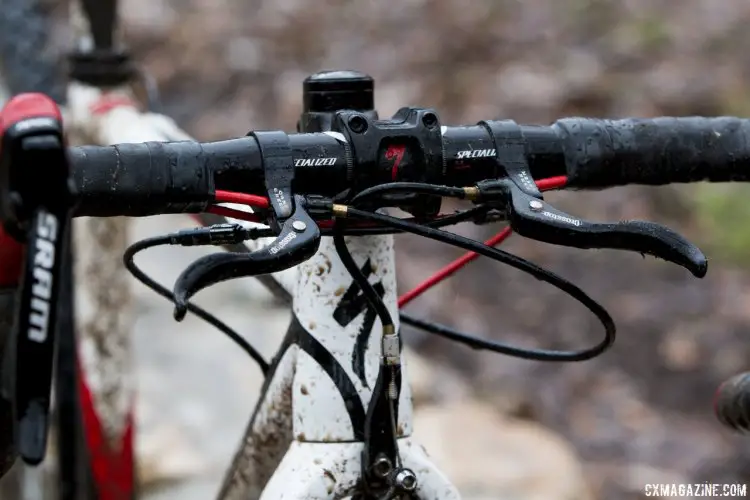 Interceptor brakes, like the Cane Creek brakes shown here, allowed Gunsalus to stay upright in the technical areas while still being able to use brakes. Periodically, Marianne Vos has also been known to use these on her Giant TCX. © Cyclocross Magazine