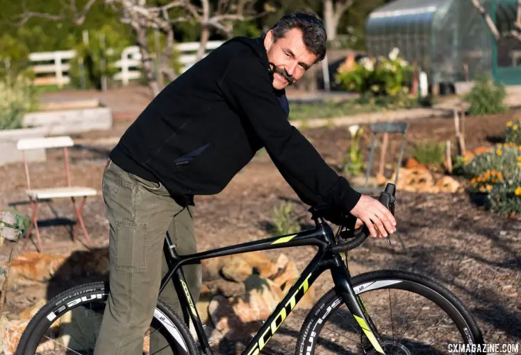 Tom Ritchey is now building his own carbon bikes, and inspects the carbon Scott Addict CX 10 - Sea Otter 2015. © Cyclocross Magazine