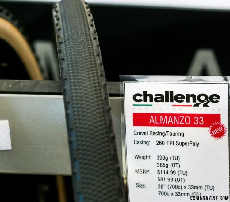 At NAHBS 2015, we noticed the wider Almanzo tire in the Challenge booth. It's now official, with a 33c version in both tubular ($115) and Open Tubular ($82). Both use the company's 260 tpi SuperPoly casing. Sea Otter Classic 2015. © Cyclocross Magazine