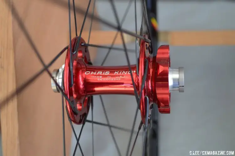 Chris King introduced a thru-axle conversion for the R45 hub, albeit in a new 12mm diameter axle for the front.  Due to the size of the shell and bearings, a 15mm thru axle will not retrofit.  The Chris King SD hub with a 15mm thru-axle already exists. © Cyclocross Magazine