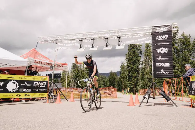 Robbie Squire (Hincapie Racing) crossing the finish line with a time of 4:09:59, just 3:42 slower than the course record set in 2013. Photo: Chris Wingfield (IG: @wingerstudios)