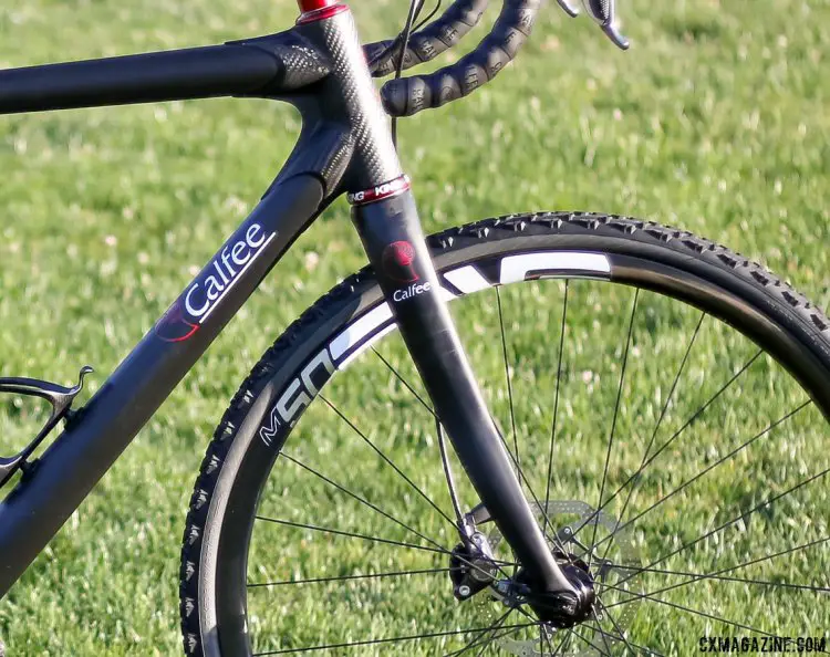 The Calfee Manta CX soft tail uses TRP's new thru-axle disc fork, which matches the curved lines of the lugs of the Manta's lugs. © Cyclocross Magazine