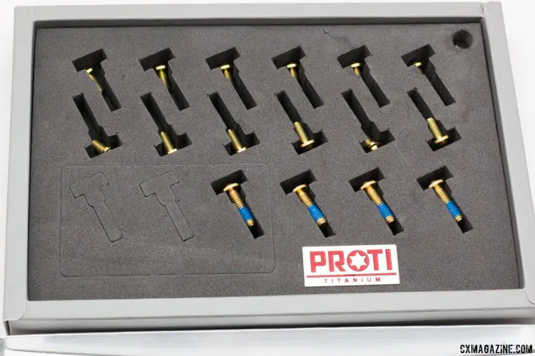 PROTI forged titanium rotor and caliper bolts, as a kit for two wheels, will save you 28g in total for your bike, and lighten your wallet by $122. © Cyclocross Magazine