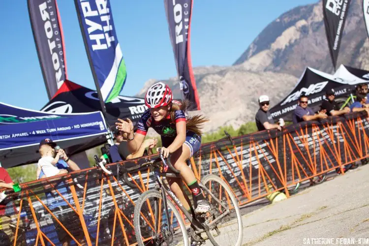 Stoke level washigh for 14 year old Katie Clouse (Alpha Bicycle Co.-Vista Subaru) coming in 2nd after attacking at the TRP Brake Zone barriers and getting away from Mindy McCutcheon (Canyon Bicycles) bell lap.