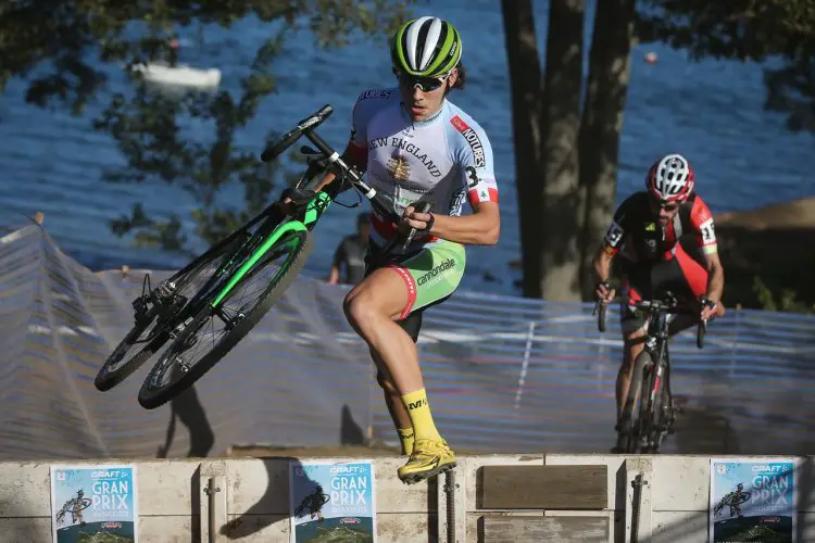 White, in the U23 Series leaders' jersey, flies through the barriers. Photo by Meg McMahon