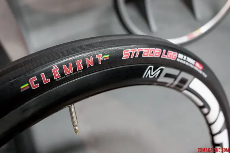 We first saw the Strada LGG 32c at Sea Otter, but the Clement road/gravel tire with puncture protection is ready for a mixed terrain adventure near you. Clement Tires, Interbike 2015. © Cyclocross Magazine