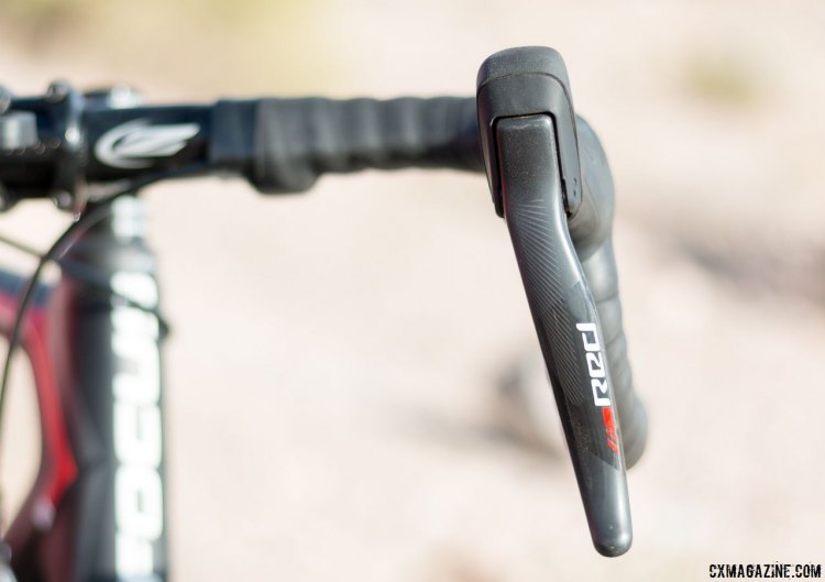With a quick look at the bars, you wouldn't even know it's electronic. SRAM RED eTAP electronic / wireless drivetrain. © Cyclocross Magazine