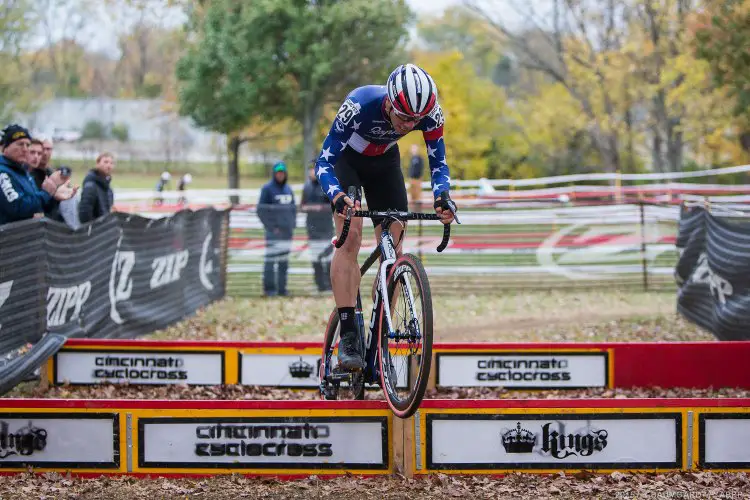 Powers hopping the barriers cleanly on his way to victory.