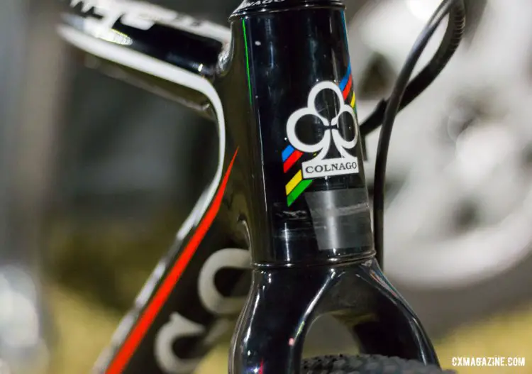 The iconic Ace of Clubs logo adorns every Colnago headtube. Internal routing and disc brakes make this area tidy and largely cable free. © Cyclocross Magazine