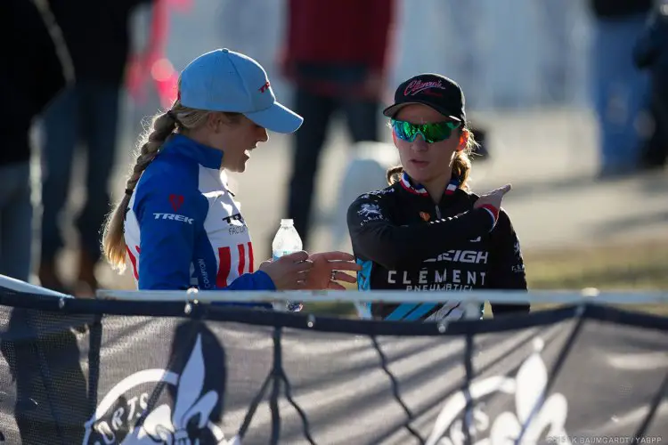 Compton and Mani enjoying a little post-race recap before their podium presentation. © Kent Baumgardt