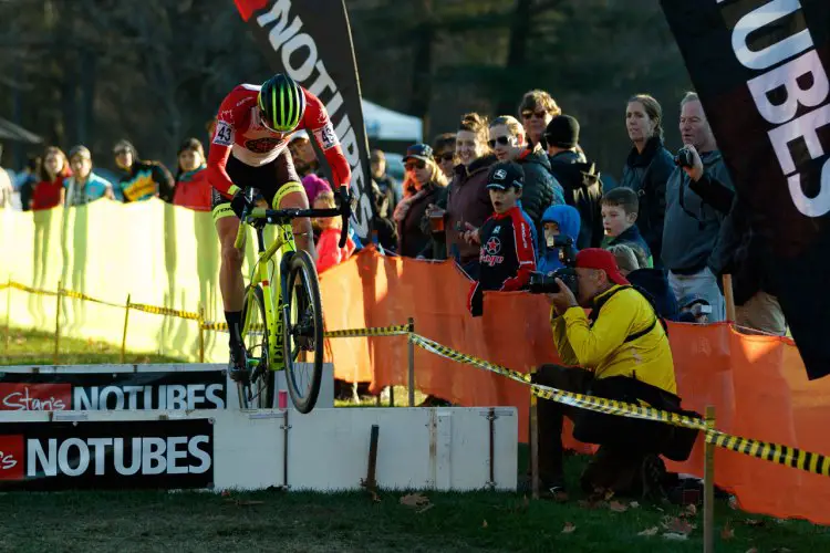 Gagne hopping the Stan's NoTubes barriers. Photo by Todd Prekaski