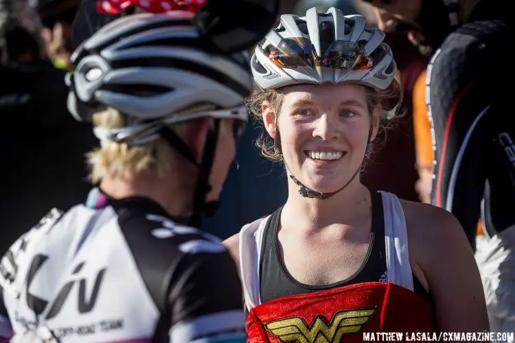 Day #2 winner Clara Honsinger (Team S + M) is all smiles talking with 2nd place finisher Serena Bishop-Gordon (Liv Cycling). © Matthew Lasala