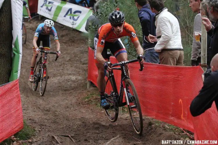 Wout van Aert was the only racer to match van der Haar's pace, and the two took turns leading around the course. © Bart Hazen