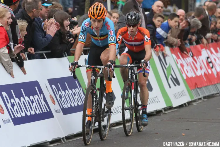 Wout van Aert was the only racer to match van der Haar's pace, and the two took turns leading around the course. © Bart Hazen