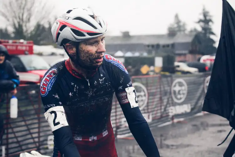 Logan Owen finished in first, and with a healthy coating of mud. © Derek Blagg