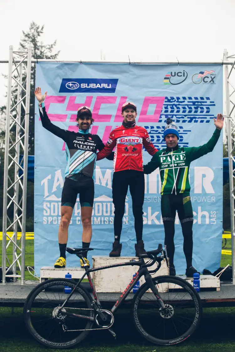 The Elite Men's podium at day one of the Subaru Cyclo Cup. © Derek Blagg