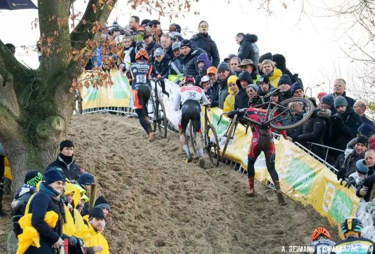 The deep sand makes the biggest climbs unrideable for even the very best. 2015 Koksijde World Cup Men. © B. Hazen / Cyclocross Magazine