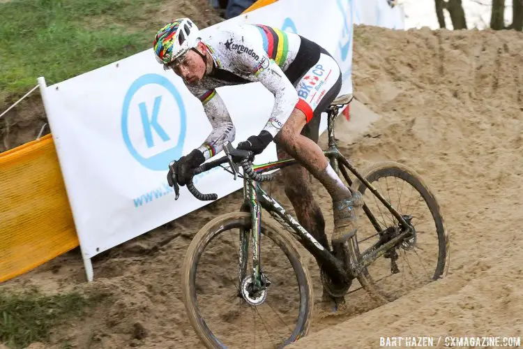 Overshadowed by the nail-biting two-man duel up front, Mathieu van der Poel's third-place ride was very impressive in his first race after knee surgery. 2015 Koksijde World Cup Men. © B. Hazen / Cyclocross Magazine
