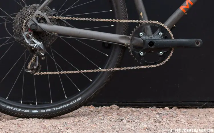 A 40-tooth narrow-wide chainring paired with a SRAM 11-speed 10-42 cassette gives the Four Corners Elite wide enough gearing to handle most anything you can throw at it. © Cyclocross Magazine