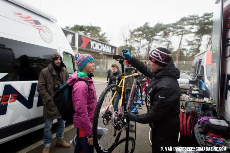 Attention to detail from Meredith Miller. Course Inspection. 2016 UCI Cyclocross World Championships. © P. Van Hoorebeke/Cyclocross Magazine