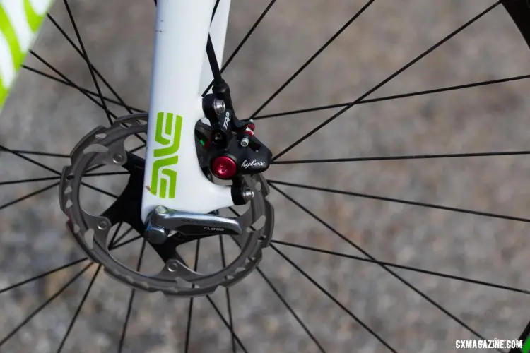 The Enve carbon fork on Allen's bike features a quick release axle as well as TRP's Hylex brake caliper. 2016 Cyclocross National Championships. © R. Riott/Cyclocross Magazine