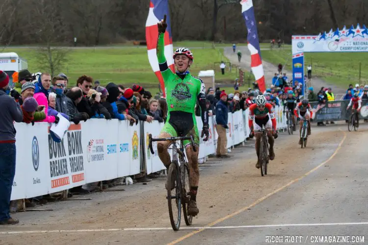 Gage Hecht celebrates his fifth cyclocross National Championship. © Cyclocross Magazine