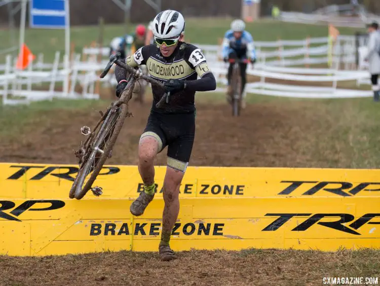 Lane Johnson of Lindenwood University at the barriers for one last time. Collegiate D1 Men, 2016 Cyclocross National Championships. © Cyclocross Magazine