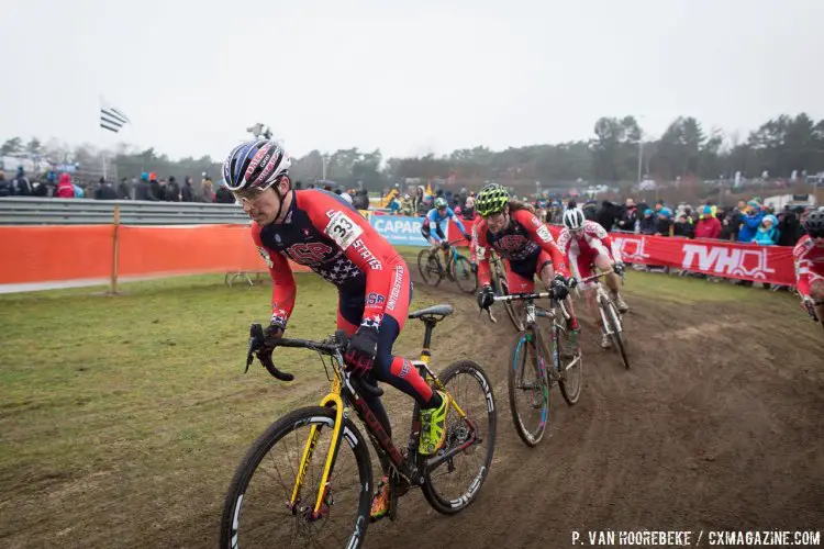 Krughoff leads Clark. The two would finish 41st and 43rd. Elite Men, 2016 Cyclocross World Championships. © Pieter Van Hoorebeke / Cyclocross Magazine