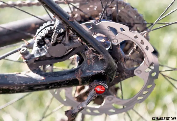 Like upfront, stopping power in the rear was provided by Shimano RS785 hydraulic disc brakes with XT SM-RT86 six bolt rotor. 2016 Cyclocross Nationals. © Cyclocross Magazine