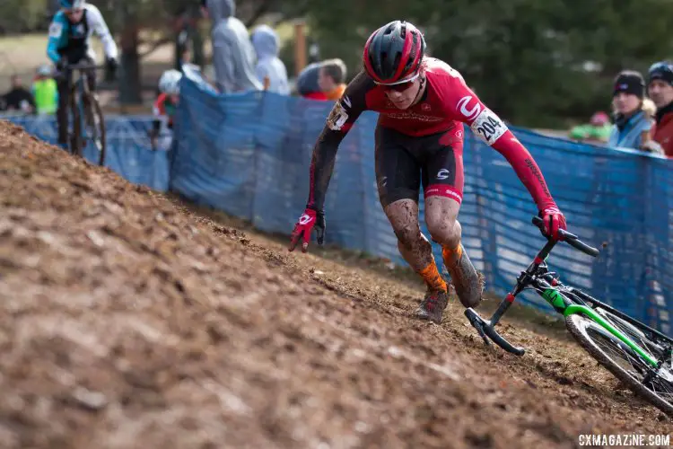 A variety of techniques were used to stay upright on the slick off-camber, as Cameron Beard shows. Junior Men, 2016 Cyclocross National Championships. © Cyclocross Magazine