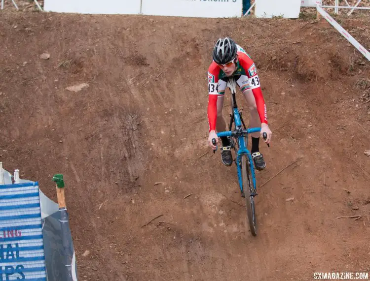 Nolan Stephenson leans far back on the descent to the flyover. Junior Men 15-16, 2016 Cyclocross National Championships. © Cyclocross Magazine