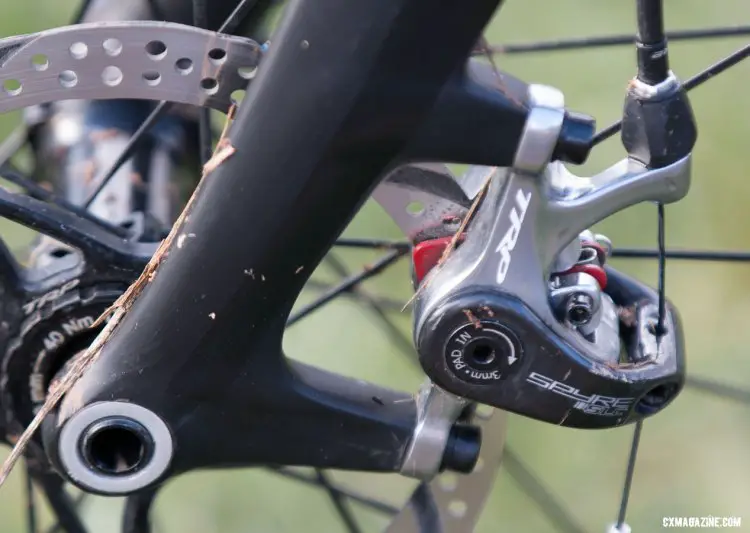 TRP Spyre SLC calipers and rotors cover stopping duties for Katie Clouse's Moots Psychlo-X. 2016 Cyclocross National Championships. © Cyclocross Magazine