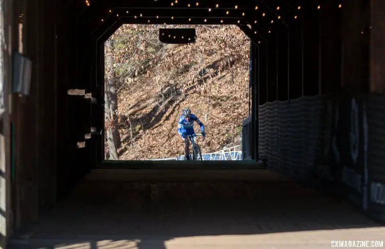 Roger Aspholm enters the barn. Masters 45-49, 2016 Cyclocross National Championships. © Cyclocross Magazine