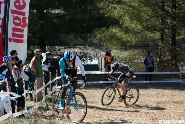 Mark Savery and Pete Webber climb the run-up, locked into a two-man battle for first. Masters 45-49, 2016 Cyclocross National Championships. © Cyclocross Magazine