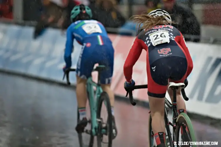 American Ellen Noble in pursuit of Italian Chiara Teocchi, who took the holeshot. U23 Women, 2016 Cyclocross World Championships. © Danny Zelck / Cyclocross Magazine