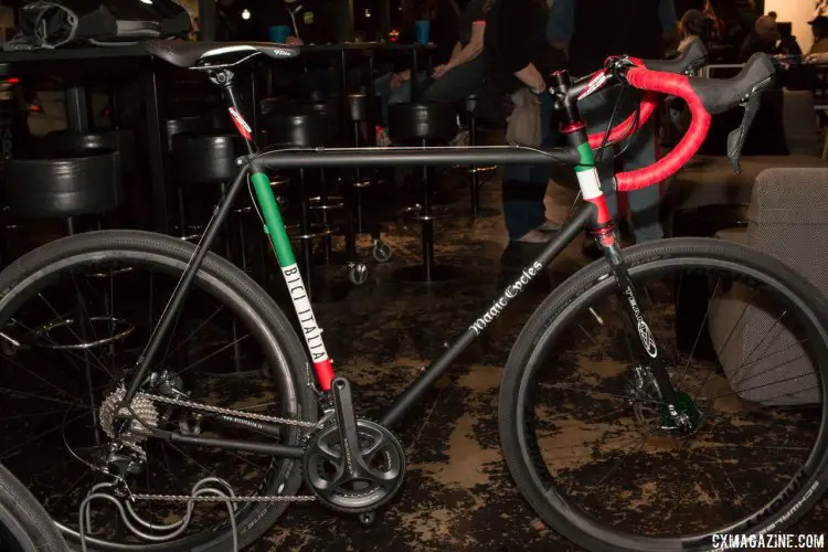 Portland's Magic Cycle Werks lugged cyclocross bike, with Wound Up fork, built for Bicic Italia. On display at Hot Italian pizzeria. NAHBS 2016. © Cyclocross Magazine