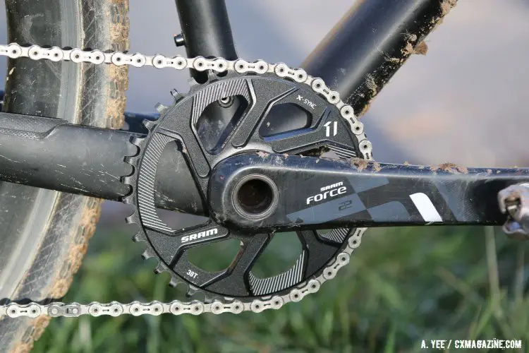 Mertz raced SRAM Force crankarms mated to a 38 tooth SRAM x-sync ring. Singlespeed Women, 2016 Cyclocross National Championships. © Cyclocross Magazine
