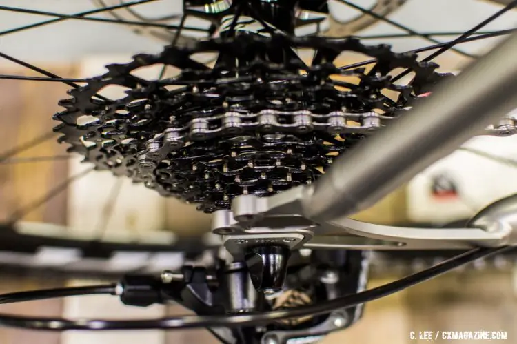 The SRAM Apex 1 cassette is an 11-42 offering and has heat treat steel cogs and aluminium spider. NAHBS 2016. © Clifford Lee / Cyclocross Magazine