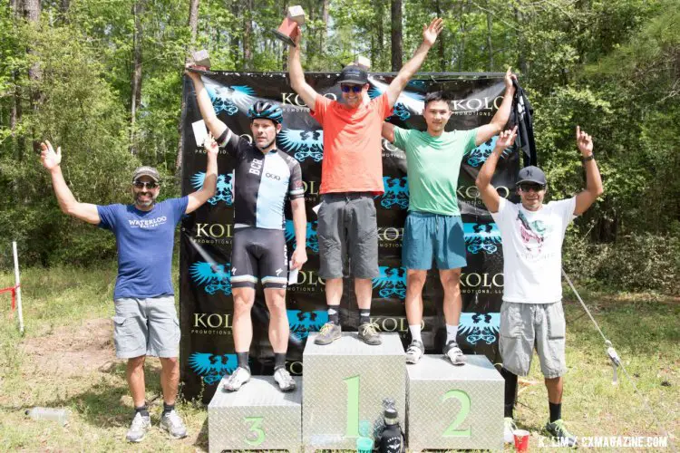 The men's 108 mile route podium (l-r) Alex Rodriguez, Scott Minard, Scott Henry, Bill Quach and Alex Vazquez. © Ken Lim / Cyclocross Magazine
