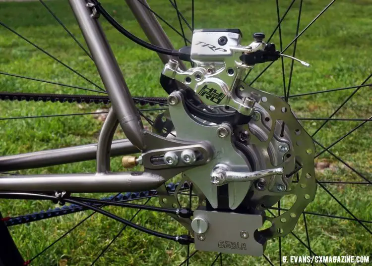 The non-drive side of the bike features this complex structure of componentry. The bike makes use of the Gebla Rohbox, allowing the harmonious use of Sram shifters and the Rohloff Speedhub. © Cyclocross Magazine