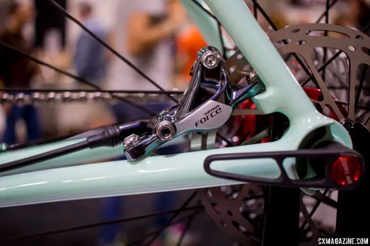 Williams uses a unique, low-profile disc caliper mount that bridges the chainstay and seatstay. Thrive Cycles' Steel cyclocross/gravel bike. NAHBS 2016. © Cyclocross Magazine